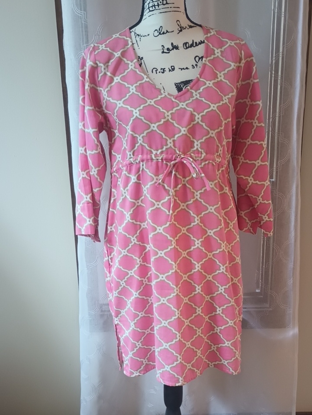 Top It Off Pink Patterned V-Neck Women’s Dress with Drawstring Waist